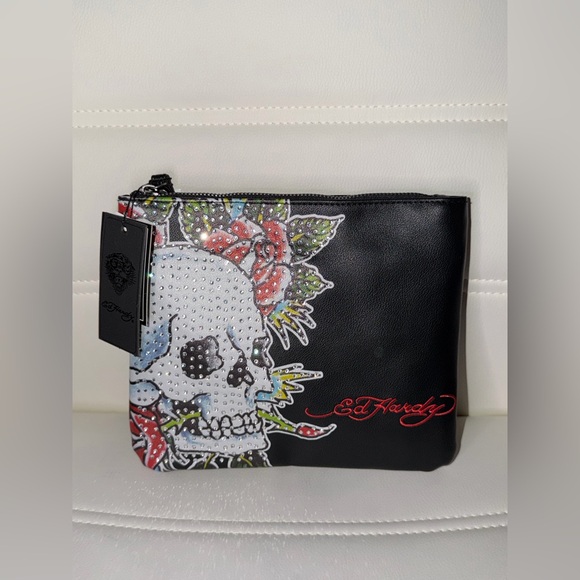 BRAND NEW ed hardy rhinestone skull roses wristlet /makeup handbag - Picture 1 of 3